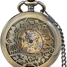 alwesam Mechanical Men's Pocket Watch Engraved Skeleton Roman Numerals Hand Wind Pocket Watch with Chain&Box, bronze-19, Classic-picture-50
