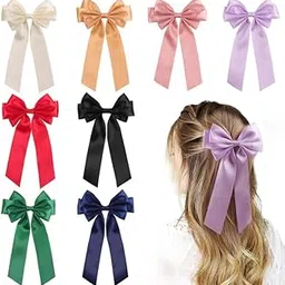 FAMEZA 6 Pcs Big Satin Layered Hair Bows for Women Girls 5.5 Inch Barrette Hair Clip Long Black Ribbon Bows French Style Hair Accessories (Small bow style)|6 COLOR SET-picture-25