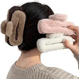 ZULYAA Korean Fur Hair Claw Clips Set (3 Pcs) | Large Rectangular Furry Clutcher for Thick & Thin Hair | Soft Plush Flannel Non-Slip Grip Hair Accessories for Women & Girls – Brown/White/Baby Pink-picture-29