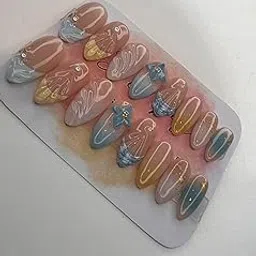 Gloss And Matte Press-On Nails Set, Pastel Blue and Gold Design with Bow Details, 16 Pieces-picture-29
