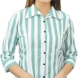 quaclo Women's Cotton Regular Fit Striped Spread Collar 3/4 Sleeve Formal/Casual Shirt-picture-55