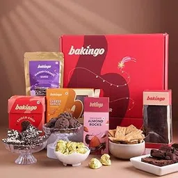 Bakingo Premium Diwali Gift Hamper of Chocolate Bark, Cheese Garlic Crackers, Choco Cookies, Tea Cake, Almonds Rock In Box | Corporate Gifting | Gift for Diwali & Bhai Dooj (Same Day Delivery)-image-3