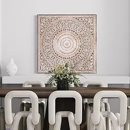 Adeez Gallery Wooden Wall Panel Size (90x90) cm Unique Hand Carved Wooden Wall Panels with Hanging Floral Decorations Living Room Decor Colour White & Brown-picture-26