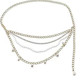 elaccent Multi-Layer Waist Chain with Pearl Rhinestone Tassel | Metal Body Chain for Women and Girls-picture-30