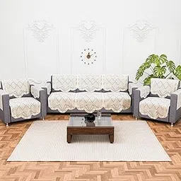 Heart Home (Set of 16) Stylish & Durable Cotton Sofa Covers 5 Seater with Arms | Washable Sofa Protector & Slipcover for Living Room & Office | Square - Cream-image-81