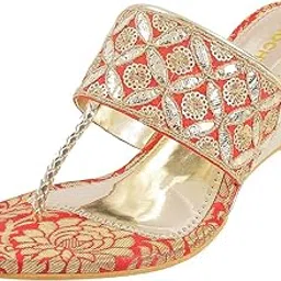 mochi Women's Gold Ethnic Faux Leather Slip On Fashion Heel Sandals-picture-18