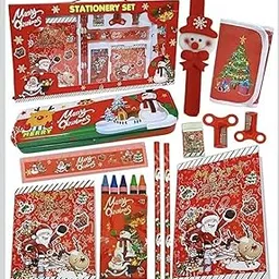 Christmas Stationery Gift Set with Notebook, Pencil Box, Crayon, Scale, Drawing Book, Wallet, Slap Band, Red-picture-34