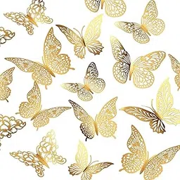 3D Butterfly Wall Decor - 12pc Shiny Gold Wall Stickers, 3 Sizes & 3 Cutout-Carved Designs - DIY Decorative Decals-picture-42