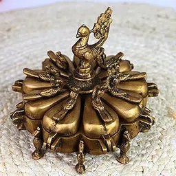 South Indian Arts Brass Decorative Multipurpose Boxes, Sindoor Box with Peacock Opener, Gold, 13Cm, 1 Piece-image-8
