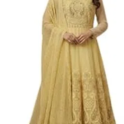 Designer Anarkali Gown with Dupatta, Yellow Cotton Silk, Sequin Embroidered, Floor Length-picture-50