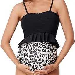 summer mae Halter Neck Two-Piece Maternity Swimsuit Pregnancy Plus Size Tankini, Leopard, M-picture-14
