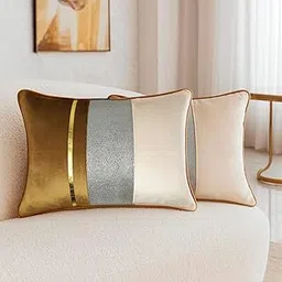 Striped Decorative Velvet Cushion Cover Set of 2 (12 x 18 Inches) w/Faux Leather and Jacquard Combination | Stylish & Trendy Design (Dark Gold)-picture-41