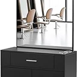 OmySalon Wall Mount Salon Station with Mirror, Hair Styling Barber Station, Beauty Salon Spa Equipment with 1 Drawer, 1 Storage Cabinet, 2 Hair Dryer Holders, Black-picture-50