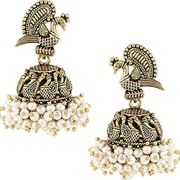 meenaz Traditional Wedding Temple 22kt Gold oxidised Meenakari Ethnic Antique South Indian Round Pearl Moti Feather Peacock Jhumkas Jhumka jhumki Earrings set Ear rings For Women girls Ladies -M630-picture-36