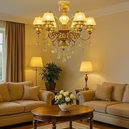 Italian Chandelier Lamp, Antique Gold Finish, 6-Light Hanging Light with Six Big Head Decorative Crystals with Filament Bulb (Multicolor, 6 * 5W)(Corded Electric, Glass)-image-38