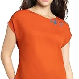 shaye Boat Neck Rust Orange Embroidered Drop Shoulder Sleeves Casual Tops for Women-picture-45
