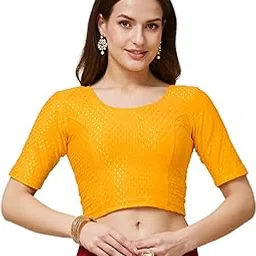 fressia fabrics Round Neck Pure Dobby Cotton Lycra Stretchable Elbow Sleeve Readymade Saree Blouse for Women Stylish Ganesh Chaturthi Navaratri Choli Diwali Ethnic Wear-picture-28