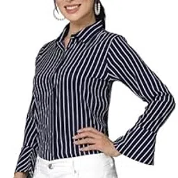 style quotient Women Navy Blue and White Stripe Polycrepe Regular Formal Shirt-picture-39