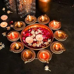 Diya Shape Flower Decorative Urli Bowl For Home Handcrafted Bowl For Floating Flowers And Tea Light Candles Home,Office And Table Decor| Diwali Decoration Items, Metal, Gold-image-89