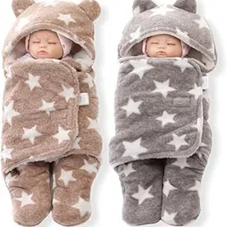 BRANDONN Baby Blankets New Born Combo Pack of Super Soft Baby Wrapper Baby Sleeping Bag for Baby Boys, Baby Girls, Babies (76cm x 70cm, 0-6 Months, skin friendly, Fleece, Stars grey, beige)-image-4