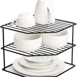 WonderStand KONA | 3-Tier GI Steel Corner Storage Rack: A Versatile Solution to Organize Kitchen Plate and Dishes (Black)-picture-55