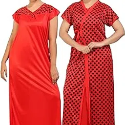 fabme Women Polka Print Satin Two Piece Maxi Nighty Set (Color Options)-picture-26