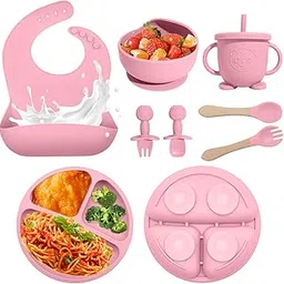 Baby Led Weaning Supplies, 8 Piece BPA-Free Silicone Feeding Set, Silicone Suction Bowl, Forks & Spoons, Bib & Cup, Develops Self Feeding Skills, Dishwasher Safe, for 6+ Months (Pink)-picture-32