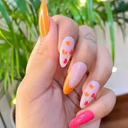 Bright Orange Pink & Heart Print Almond Press-On Nails | Long Reusable Glue-On Fake Nails for Women, 24 Pcs-picture-13