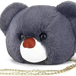 napp mall Cute Panda Teddy Bear Face Sling Bag Cute Soft Sling Bags For Girls Kids Cute Shaped Faux Fur Side Bags Crossbody Plush Purse Chain Shoulder/kids(GREY)-picture-28