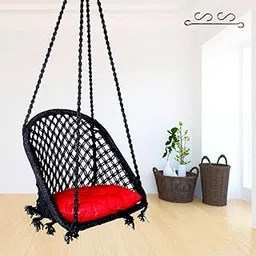 Swing for Adults/Jhula for Adults/Wooden Swing for Living Room, for Balcony/Swing Chair/Swing for Adults for Home/Cotton D Shape Hammock Hanging Swing/Includes Red Cushion & Hanging Kit-Black-picture-27