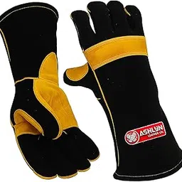 Ashlyn Leather Co. Heat Resistant Welding Gloves 14 Inch Black & Yellow, Kevlar Stitched, Fireproof BBQ Gloves, Fireplace, Grill, Oven, Industrial Safety Gloves, Heavy Duty Hand Protection-picture-34