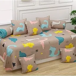 BREVARD 160 TC Glace Cotton 8 Pieces Diwan Set Including 1 Bedsheet, 5 Cushion Covers & 2 Bolster Covers (Brown Cartoon Print)-picture-24