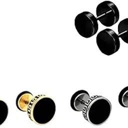 lovemi movements Stylish Stainless Steel Stud Earrings for Men, Black Silver Gold Round Design, 3 Pairs Fashion Ear Plugs-picture-21