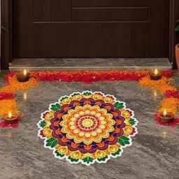 WallDaddy Rangoli Sticker for Diwali Decoration - Colorful Self Adhesive Vinyl Rangoli Style Diya Decals for Home, Office & Pooja Room Size (40x40) Cm Waterproof Sticker for Floor (Pookalam)-picture-14