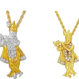 Combo of Two Tone White CZ Flute Playing Krishna Pendant Necklace With Rope Chain Jewellery For Men/Women-image-37