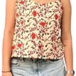 Silkworm Cotton Floral Print Sleeveless V Neck, White Crop Tank Top for Woman Casual Wear-picture-45