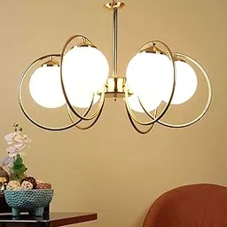 WOKE Metal Mid Century Modern 6 Light Chandelier Gold Plating Pendant Lighting Contemporary 6 Rings Glass Ball Hanging Ceiling Lamp Interior Bedroom Living Room Kitchen Decor Lighting Fixture-picture-15