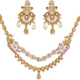 zyra jewels Double Layered Peacock Necklace Set I Antique Gold Plated Matte Finish with American Diamond & Zircon Stones for Women & Girls-picture-24