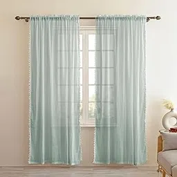 HOMEMONDE Faux Linen Sheer Curtains with Rod Pocket Style Light Filtering 5 Feet Drapes Pack of 2, Beautiful Border Pompoms - Silver Grey-picture-11