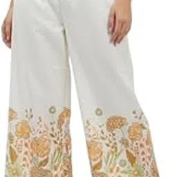 lediverse Women's White Cotton Palazzo Pants with Floral Border Print, Wide Leg, Elastic Waist, Casual Wear-picture-23