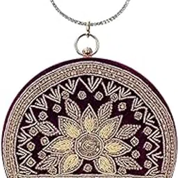 Embroidered Circular Evening Clutch Bag Elegant Velvet Purse with Gold Beading and Fringe Perfect for Weddings, Parties, and Formal Events-image-92