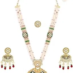 Green Pink Meenakari Multistrand Beaded Bridal Kundan Long Necklace Earring & Ring Set For Women-ZPFK21763-image-46