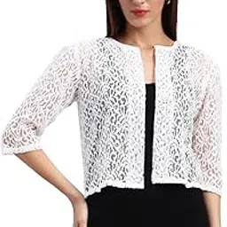 Women’s White Cotton Lace Shrug | 3/4 Sleeve Self-Design Casual Jacket Style Koti-image-38