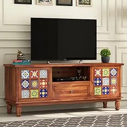HARSHIT Furniture Arts Solid sheesham Wood tv Unit 1 Drawer 2 Door Cabinet | Solid Sheesham Wood Entertainment Tv Unit for Living Room | Natural Teak Finish Colour (147D x 40W x 61H) CM image 1