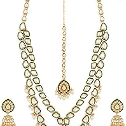 zaveri pearls Green Meenakari Dazzling Stones Beads Bridal Layered Necklace Earring & Maangtikka Set For Women-ZPFK18887-picture-16