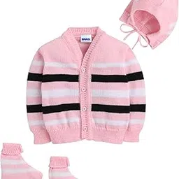 smazz Baby Sweater Set - 3 Pcs Woollen Full Sleeves V-Neck Striped Sweater, Cap & Socks for Infants 0 to 12 Months-picture-54