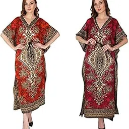 Cigain Pack of 2 Women's Kaftan Dress Beach Ladies Sleepwear Night Gown Robe V-Neck Cover Up Night Wear (S-3XL)-picture-24