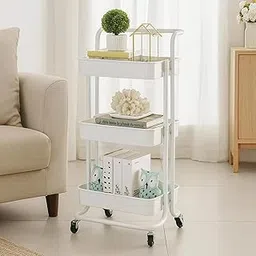 Go Hooked 3 Tier Metal Storage Trolley Rack with Wheels – Rolling Utility Cart for Home, Office, Bathroom & Living Room – Durable Movable Multipurpose Storage Organizer Stand White-image-72
