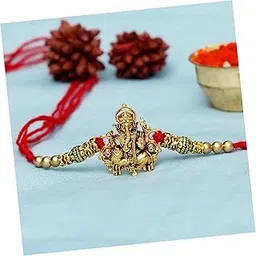 eCraftIndia Golden Religious Designer Ganesha Rakhi with Red Thread, and Roli Chawal Pack - Rakhi for Brother-picture-44