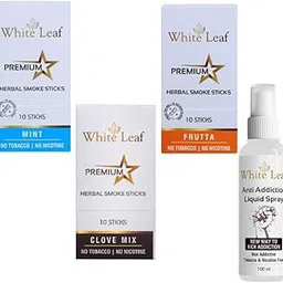 White Leaf Premium Herbal Smokes Cigarettes - Tobacco and Nicotine Free Combo Pack of Mint, Clove & Frutta Smoke (30 Sticks, 1 Shot 100 ML)-picture-27